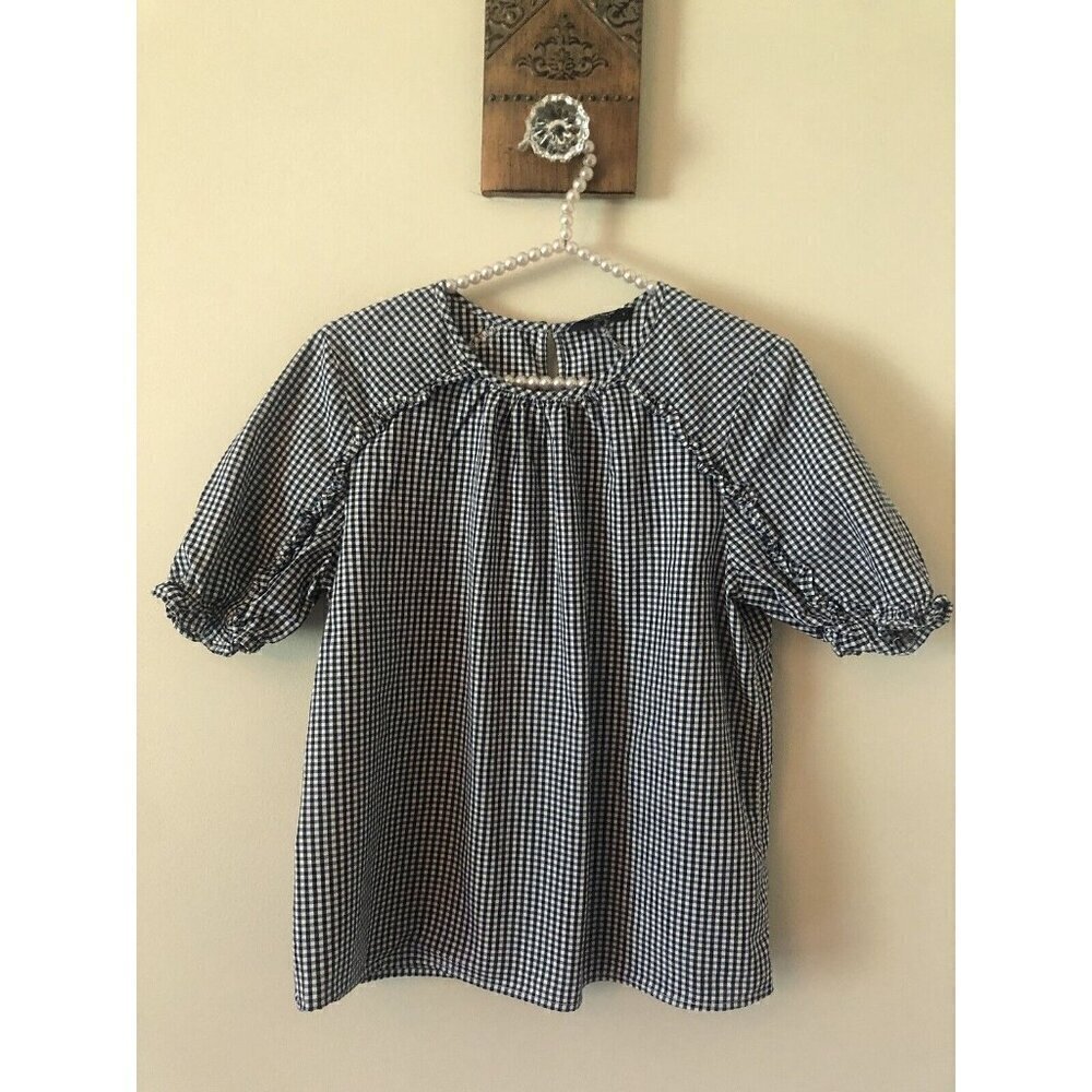 Lucky Brand Size S Lauren Ruffle Gingham Print Keyhole Back Blouse Blue White